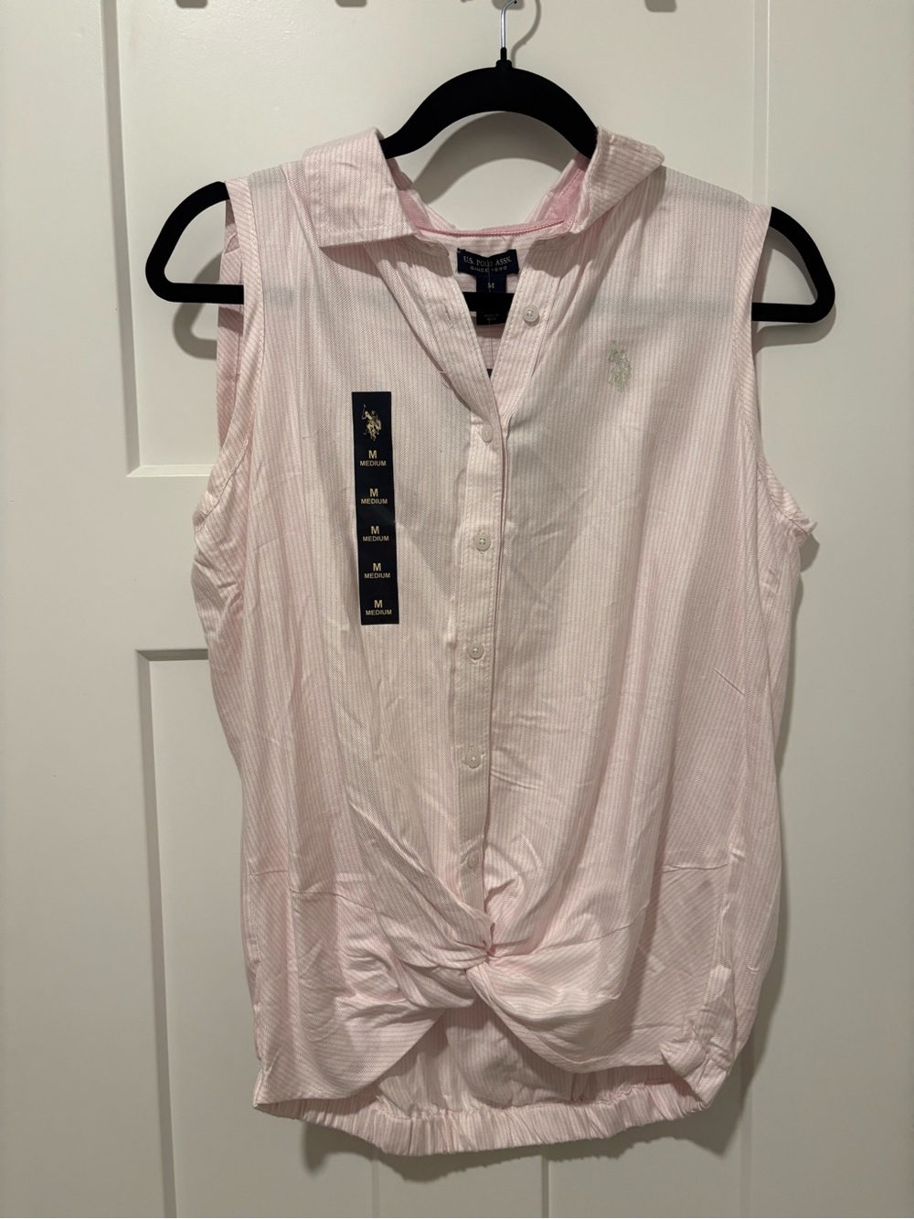 U.S. Polo Assn. Light Pink Sleeveless Button-Front Knot Hem Blouse